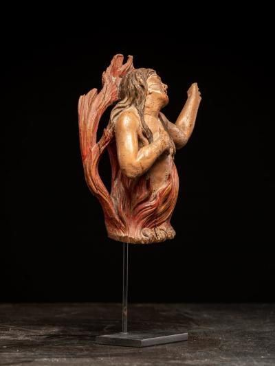 Pair of carved oak Souls in Purgatory male and female 17th C Southern Europe