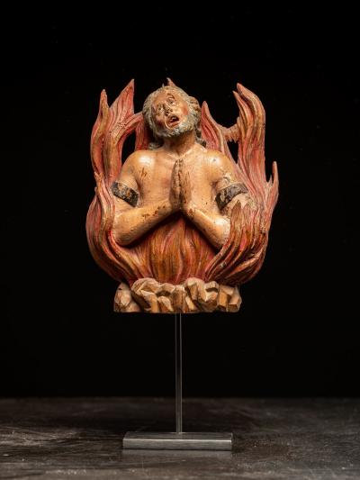 Pair of carved oak Souls in Purgatory male and female 17th C Southern Europe