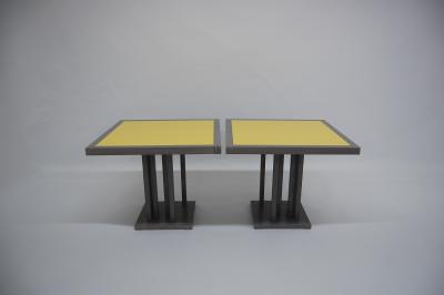 Pair of cerused oak dining tables with yellow lacquered top