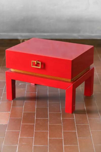 Pair of china red bedside tables with brass details from the 1970s