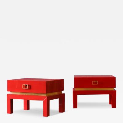 Pair of china red bedside tables with brass details from the 1970s