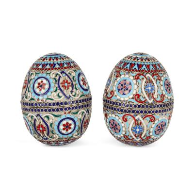 Pair of cloisonn enamel decorated and silver gilt eggs