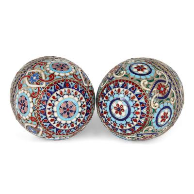Pair of cloisonn enamel decorated and silver gilt eggs