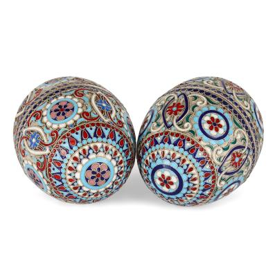 Pair of cloisonn enamel decorated and silver gilt eggs