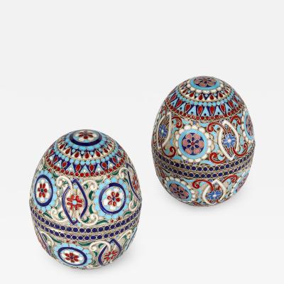Pair of cloisonn enamel decorated and silver gilt eggs