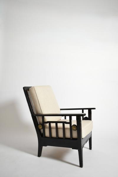 Pair of colonial ebonised wood caning armchairs 1920s 