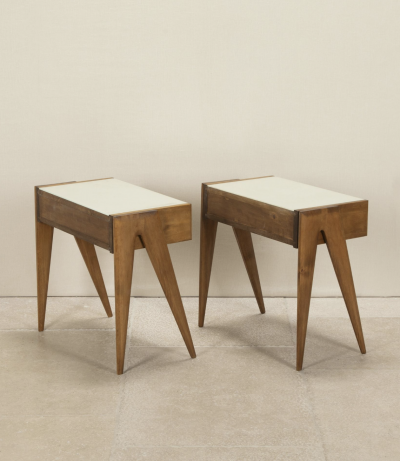 Pair of contemporary Italian wood and white glass nightstands