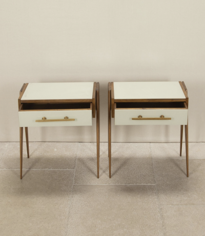 Pair of contemporary Italian wood and white glass nightstands