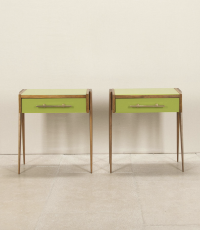 Pair of contemporary green glass and wood nightstands