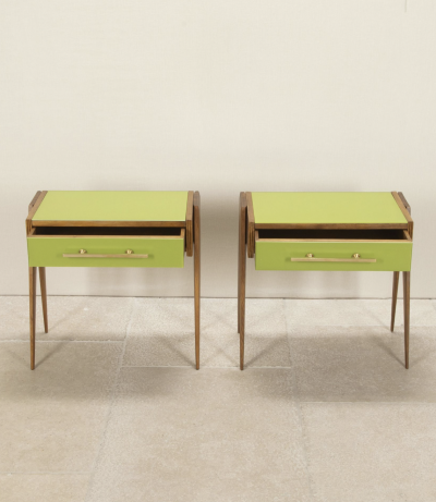 Pair of contemporary green glass and wood nightstands