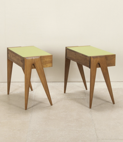 Pair of contemporary green glass and wood nightstands