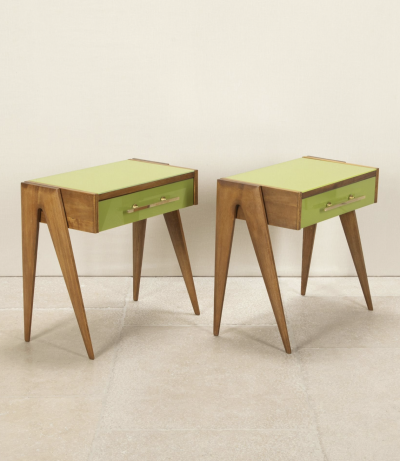 Pair of contemporary green glass and wood nightstands