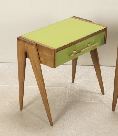 Pair of contemporary green glass and wood nightstands