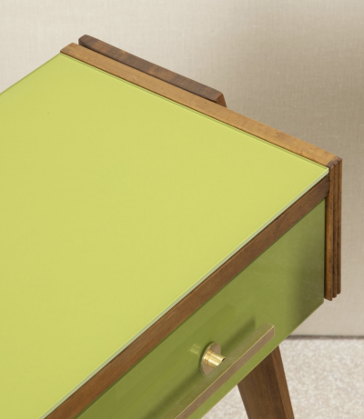 Pair of contemporary green glass and wood nightstands