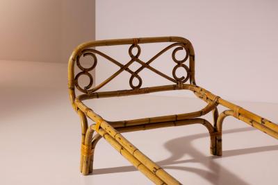 Pair of daybeds in rattan and bamboo with velvet upholstery Italy 1960s
