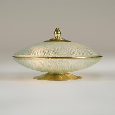 Pair of domed glass table lamps with brass base frame and decorative filial