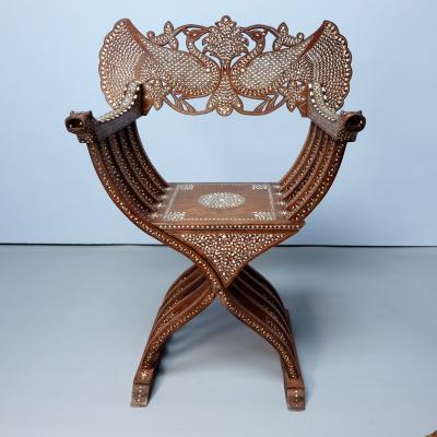 Pair of early 20th century inlaid Mughal Savonarola armchairs mahogany and bone