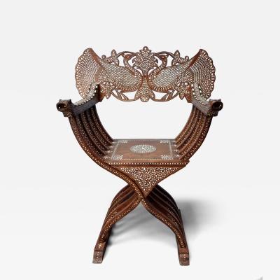 Pair of early 20th century inlaid Mughal Savonarola armchairs mahogany and bone