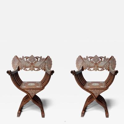 Pair of early 20th century inlaid Mughal Savonarola armchairs mahogany and bone