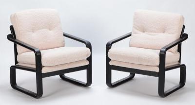 Pair of ebonized French open armchairs recently upholstered in Boucle fabric 