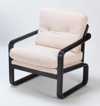 Pair of ebonized French open armchairs recently upholstered in Boucle fabric 