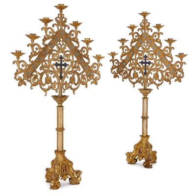 Pair of enamel and gilt bronze altar candlesticks