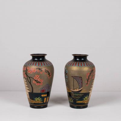 Pair of enamelled metal chinoiserie vases 1930s