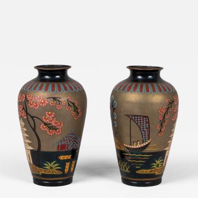 Pair of enamelled metal chinoiserie vases 1930s