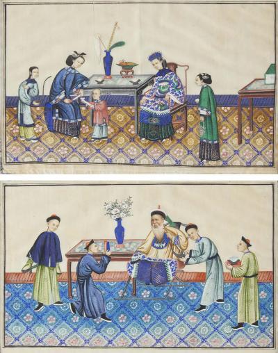 Pair of framed Chinese watercolour pith paper paintings of dignitaries