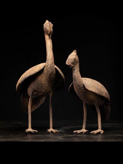 Pair of funeral objects representing Guinea Fowls Bamana People Mali