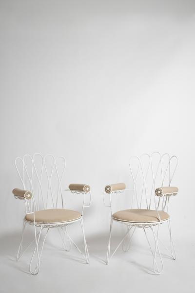 Pair of garden white wrought iron chairs 1960s 