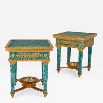 Pair of gilt bronze mounted malachite stands or low tables