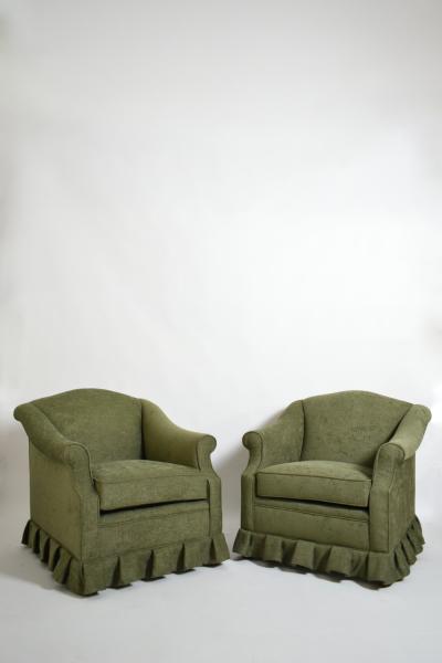Pair of green fabric fringe armchairs 1940s 