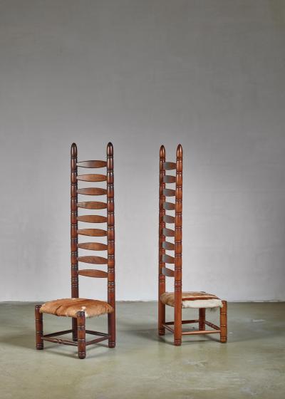 Pair of high back ladder chairs with goatskin seating 1960s