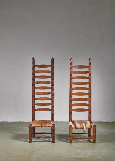 Pair of high back ladder chairs with goatskin seating 1960s
