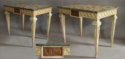 Pair of highly decorative Italian console tables with marble tops