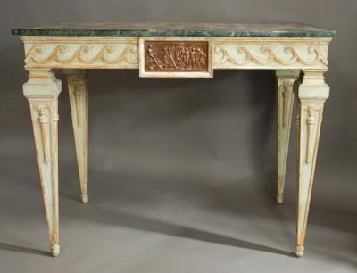 Pair of highly decorative Italian console tables with marble tops