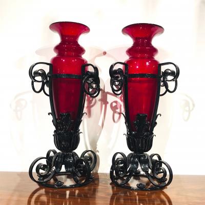 Pair of iron and red glass vases Italy 1920
