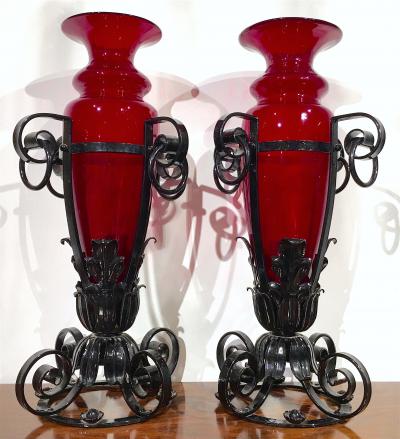Pair of iron and red glass vases Italy 1920