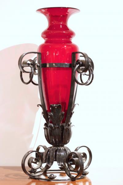 Pair of iron and red glass vases Italy 1920