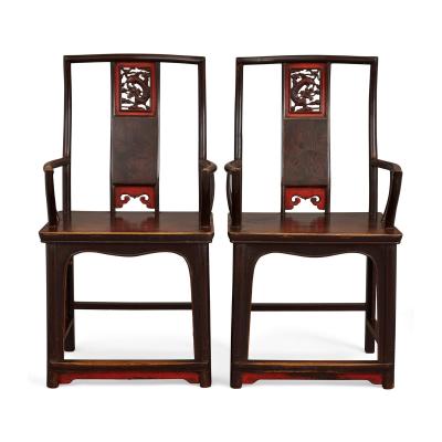 Pair of lacquered and painted Chinese yoke back armchairs