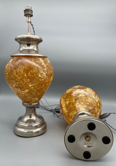 Pair of lamps in fractal resin and nickel plated metal France circa 1970