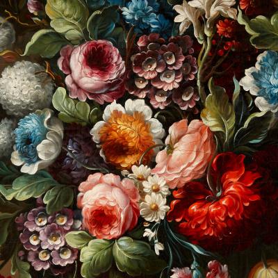 Pair of large Baroque style floral still life oil paintings