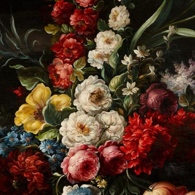 Pair of large Baroque style floral still life oil paintings
