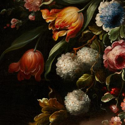 Pair of large Baroque style floral still life oil paintings