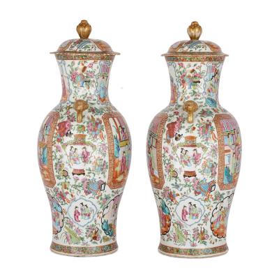 Pair of large Canton style famille rose porcelain vases
