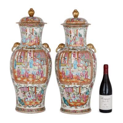 Pair of large Canton style famille rose porcelain vases