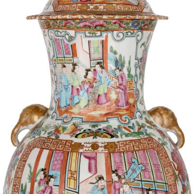 Pair of large Canton style famille rose porcelain vases