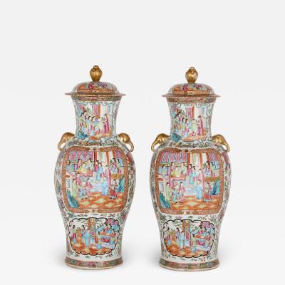 Pair of large Canton style famille rose porcelain vases