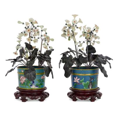 Pair of large Chinese hardstone jade and cloisonn enamel flower models